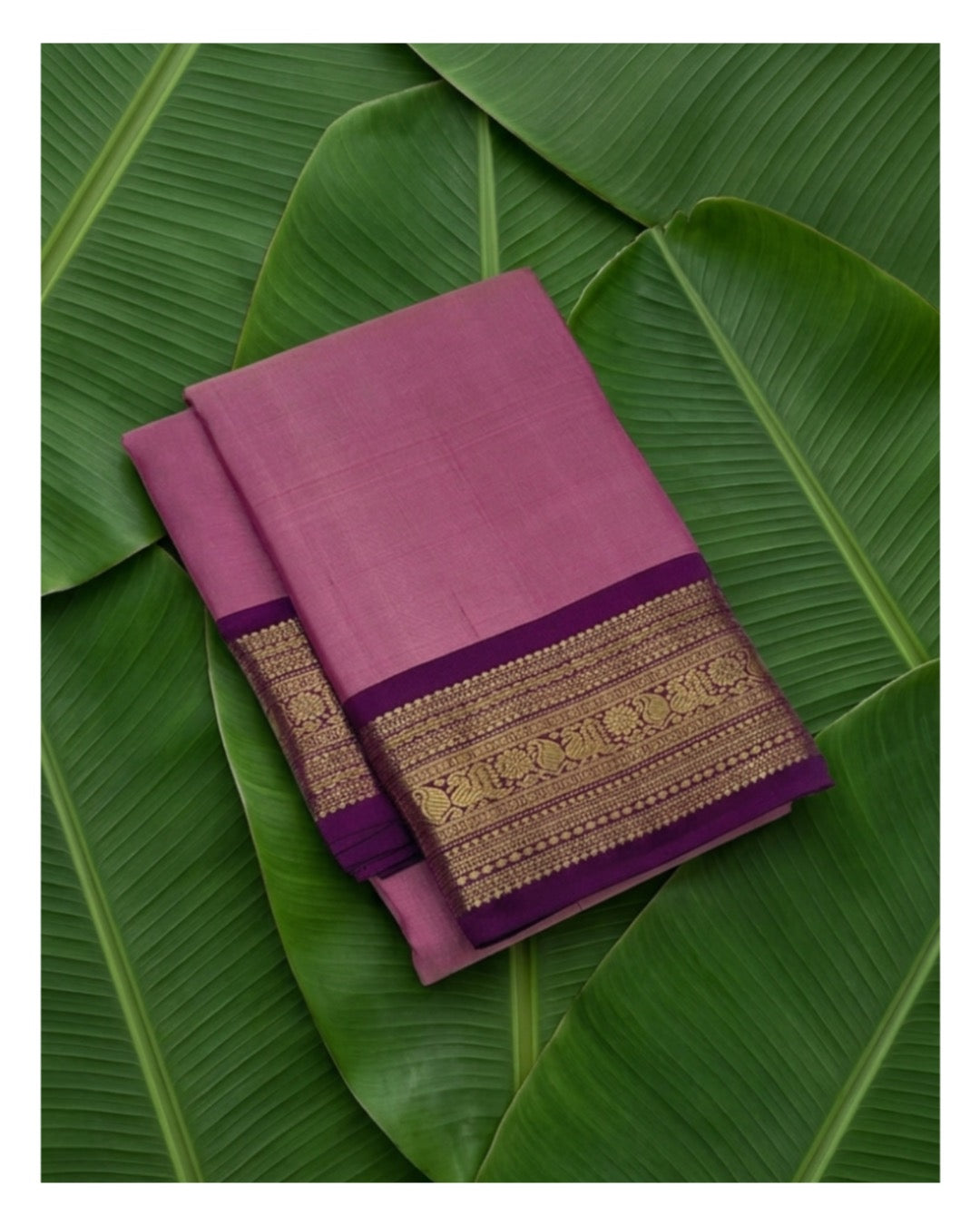 Orchid pink Kancheepuram pure silk saree with plum varisaipet border close-up — Idam Living