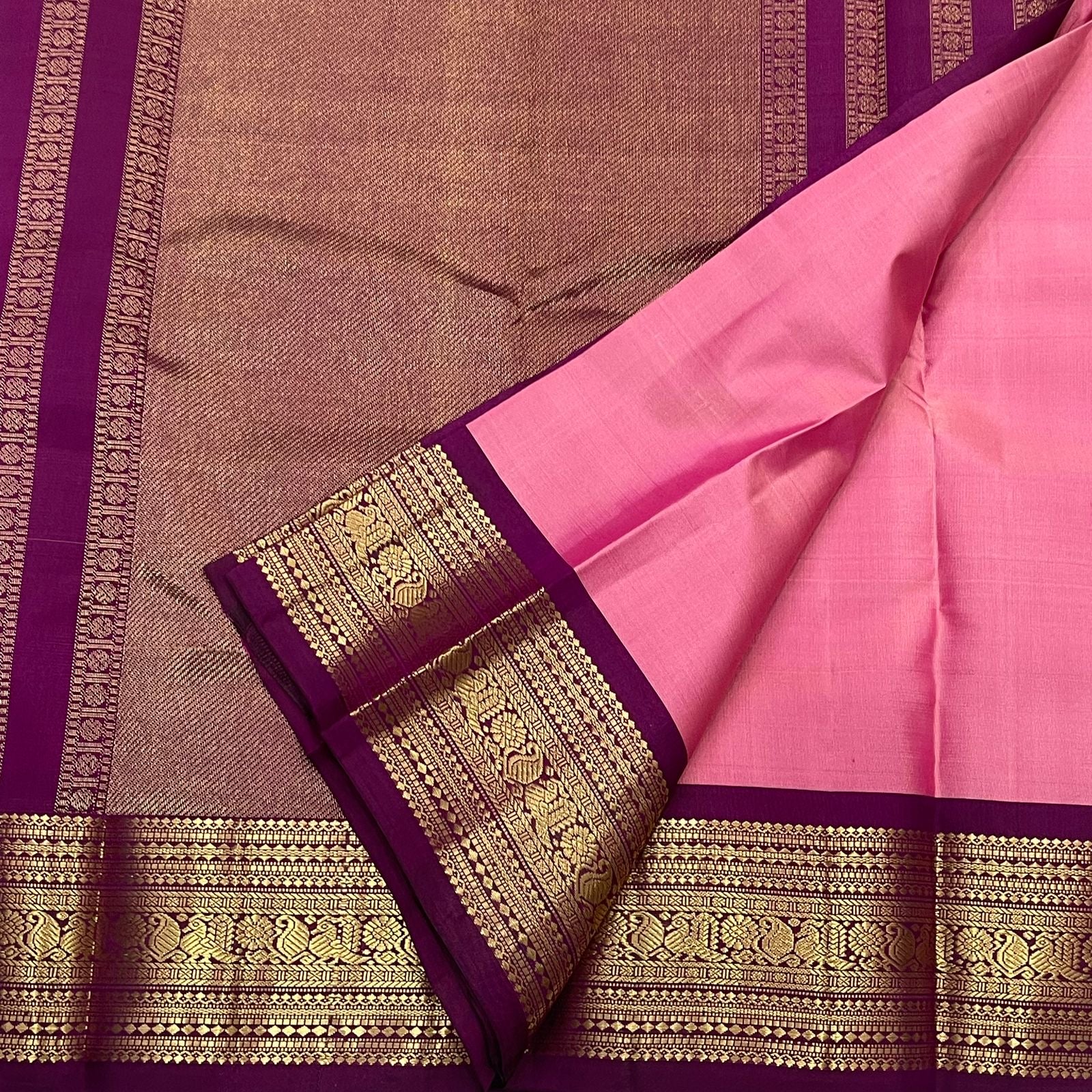 Orchid pink Kanjeevaram silk saree with deep plum border and gold zari — Idam Living