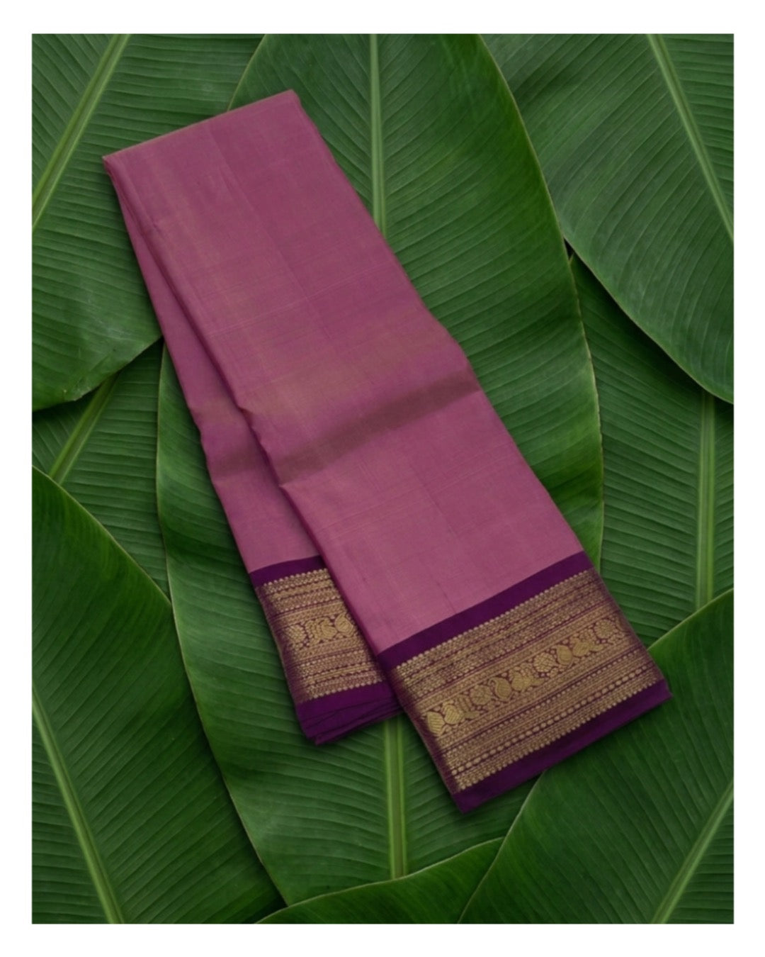 Lightweight orchid pink Kanchipuram silk saree with plum varisaipet gold zari border — Idam Living