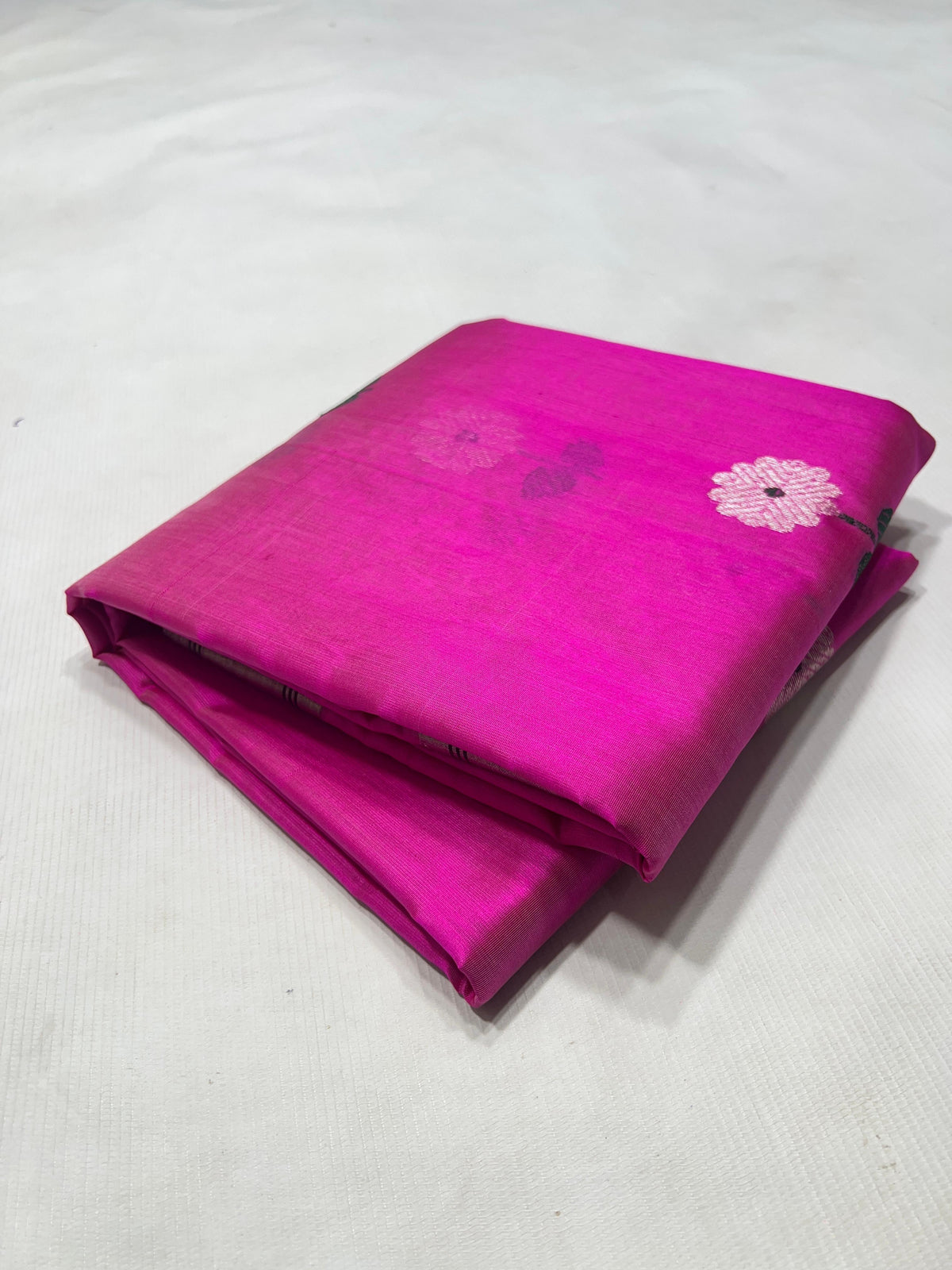 Floral Pattu Silk Chanderi saree in bright fuchsia pink with metallic detailing.