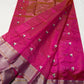 Fuchsia pink Chanderi silk saree, silver-gold zari pallu draped over the shoulder
