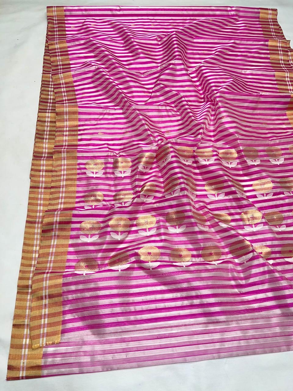 Fuchsia pink handloom silk Chanderi saree showing its drape