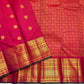 Fuchsia pink handwoven pure silk Kanchipuram Zari Kattam saree with Mayil Chakram zari motifs, full view