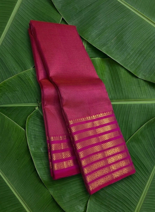 Fuchsia pink handwoven Kanchipuram pure silk saree with vairaoosi weave and ornate gold zari border — Idam Living