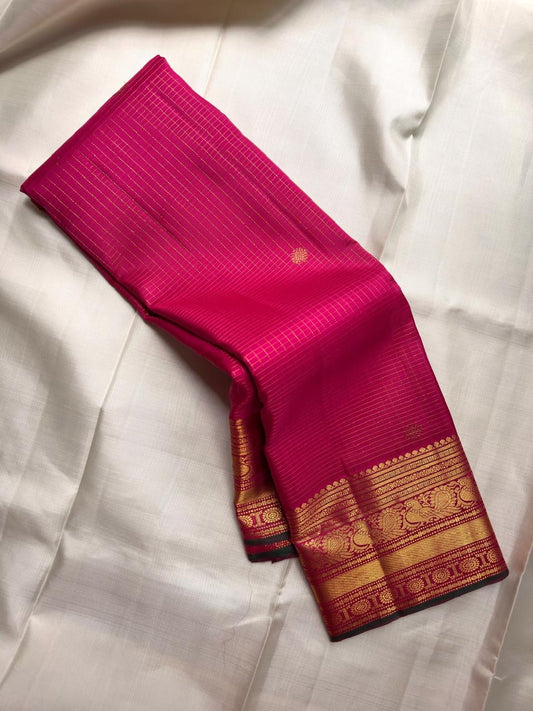 Fuchsia Pink Handwoven Pure Silk Kanchipuram Saree with Zari Kattam and Mayil Butta Rudhraksham Border