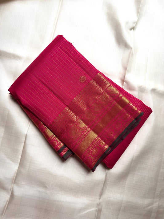 Fuchsia Pink Handwoven Pure Silk Kanchipuram Saree with Zari Kattam and Mayil Butta Rudhraksham Border