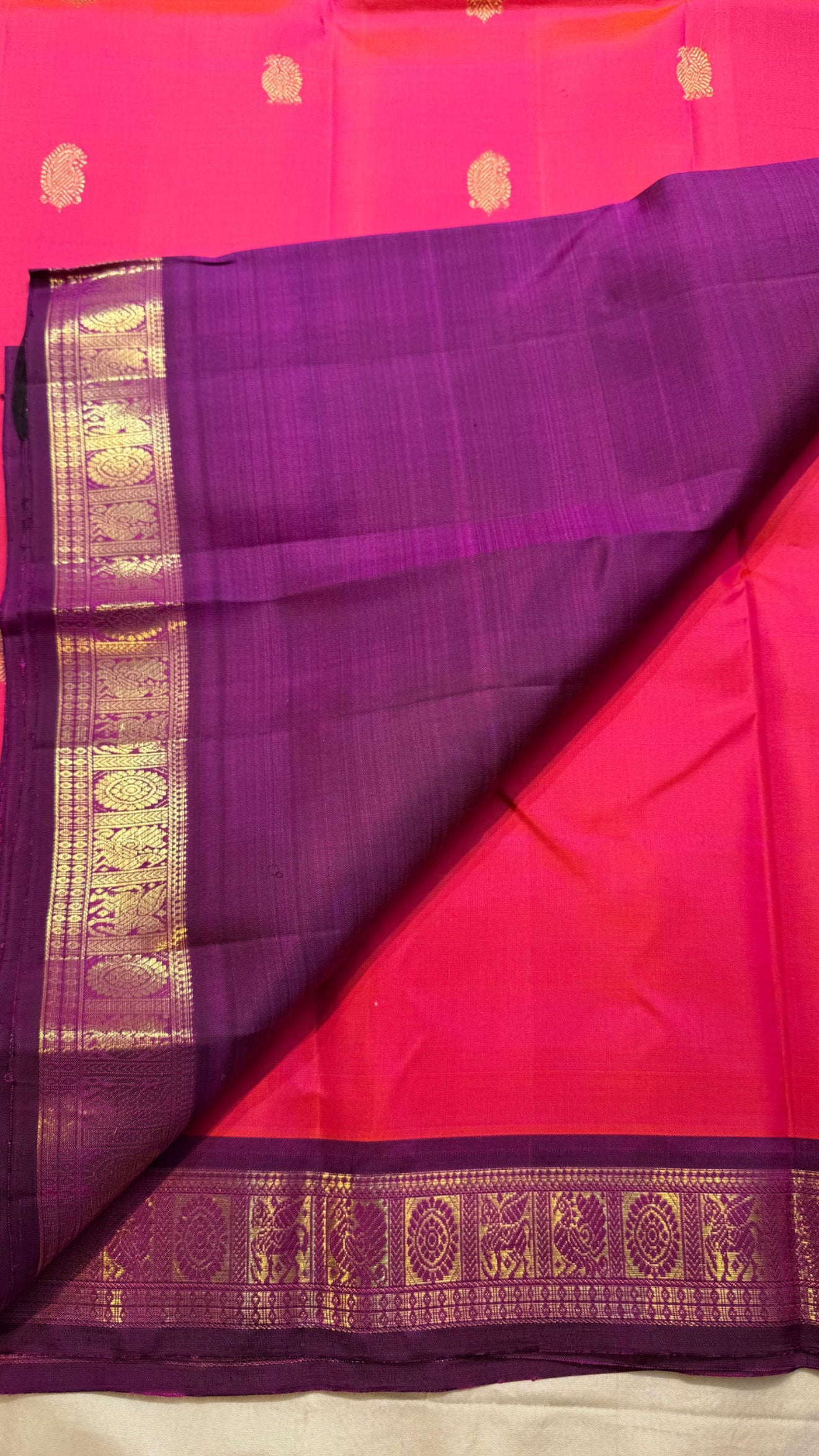 Fuchsia pink Korvai Kanjivaram silk saree, draped view