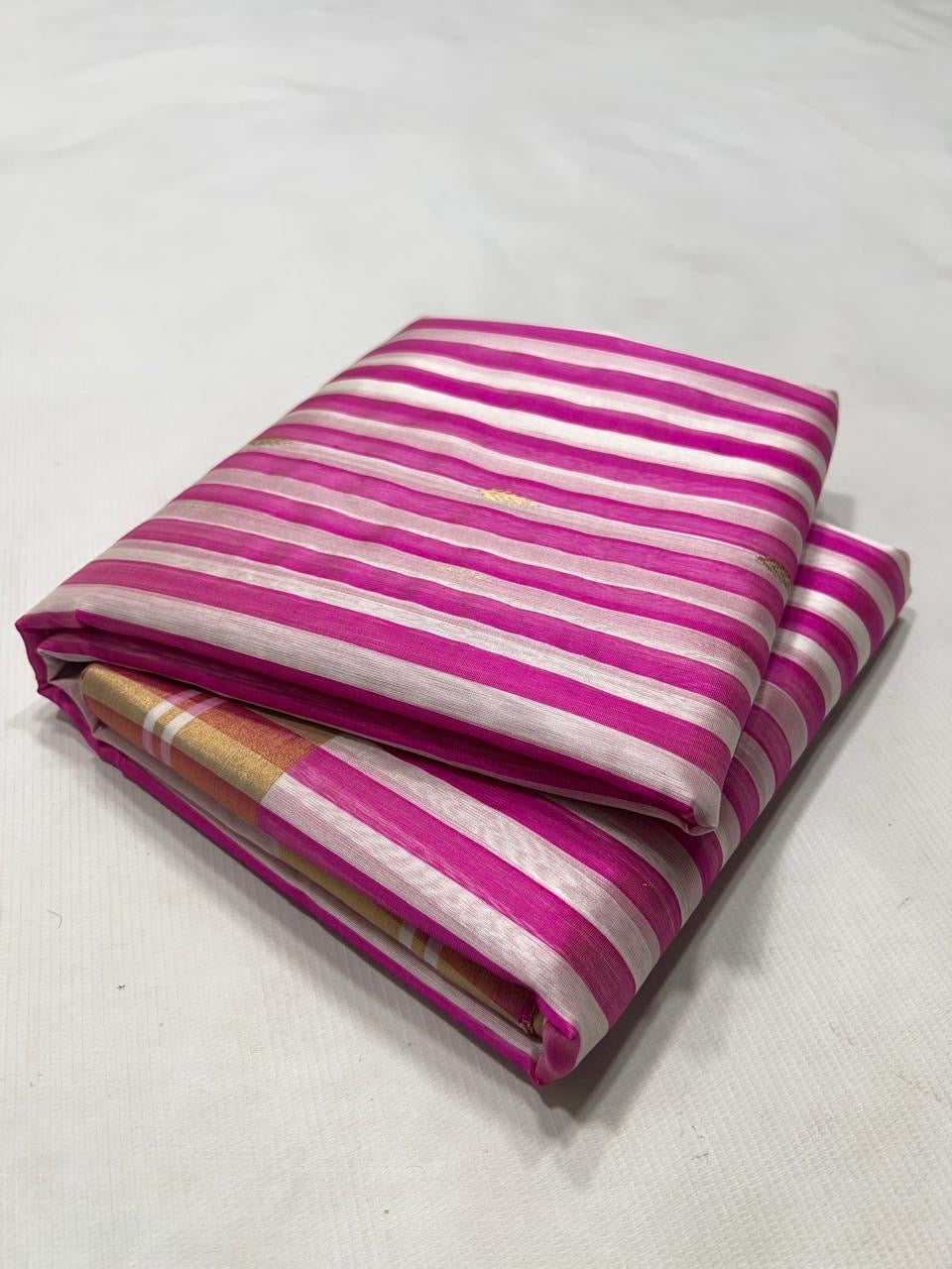 Fuchsia pink striped Pattu Silk Chanderi saree by Idam Living