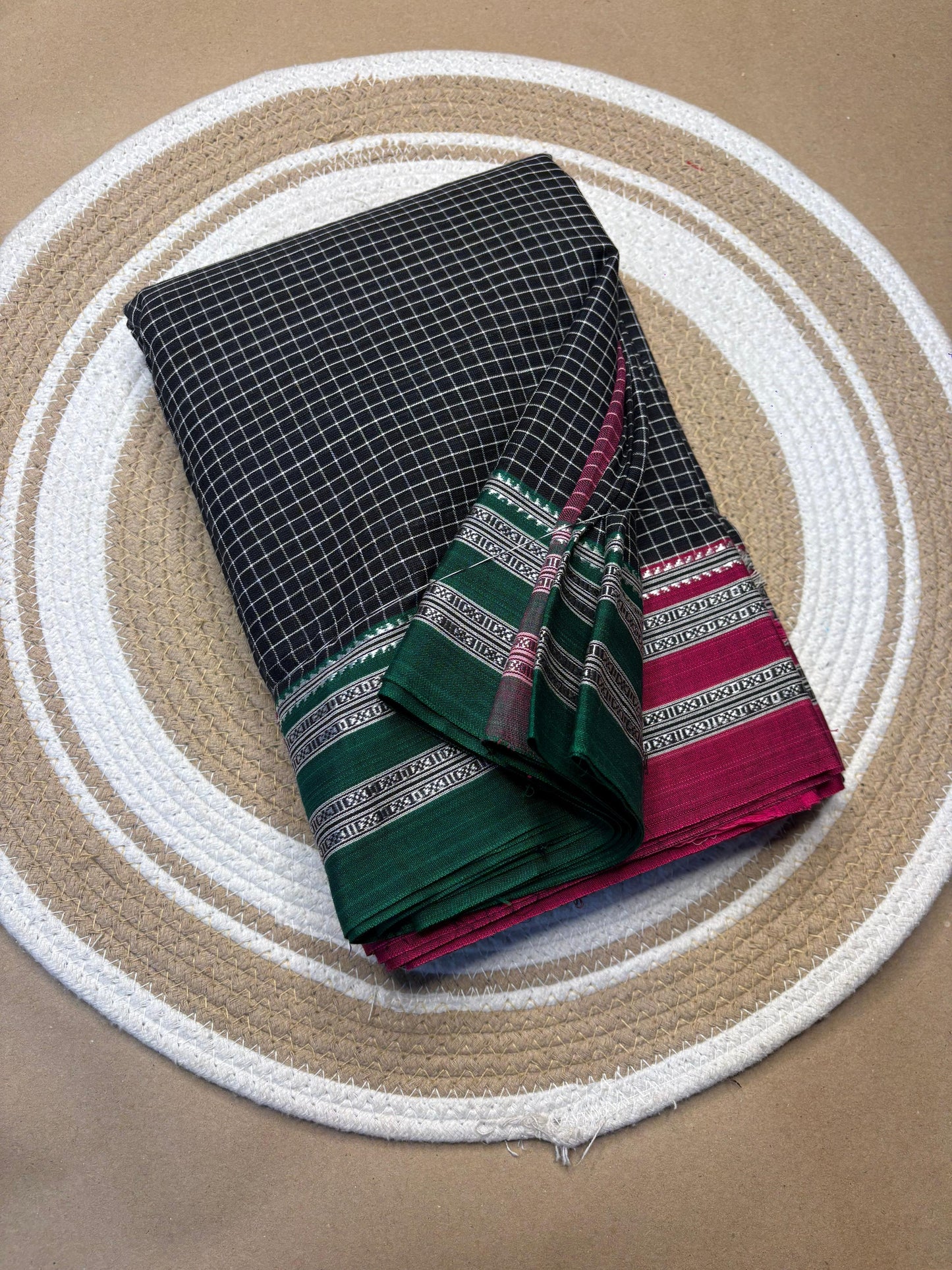 Handwoven Patteda Anchu Cotton Saree from Karnataka with Broad Double Border