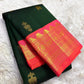 Deep Forest Green Handwoven Pure Silk Kanjeevaram Saree with Gandaberunda Zari Buttas and Rani Pink Border