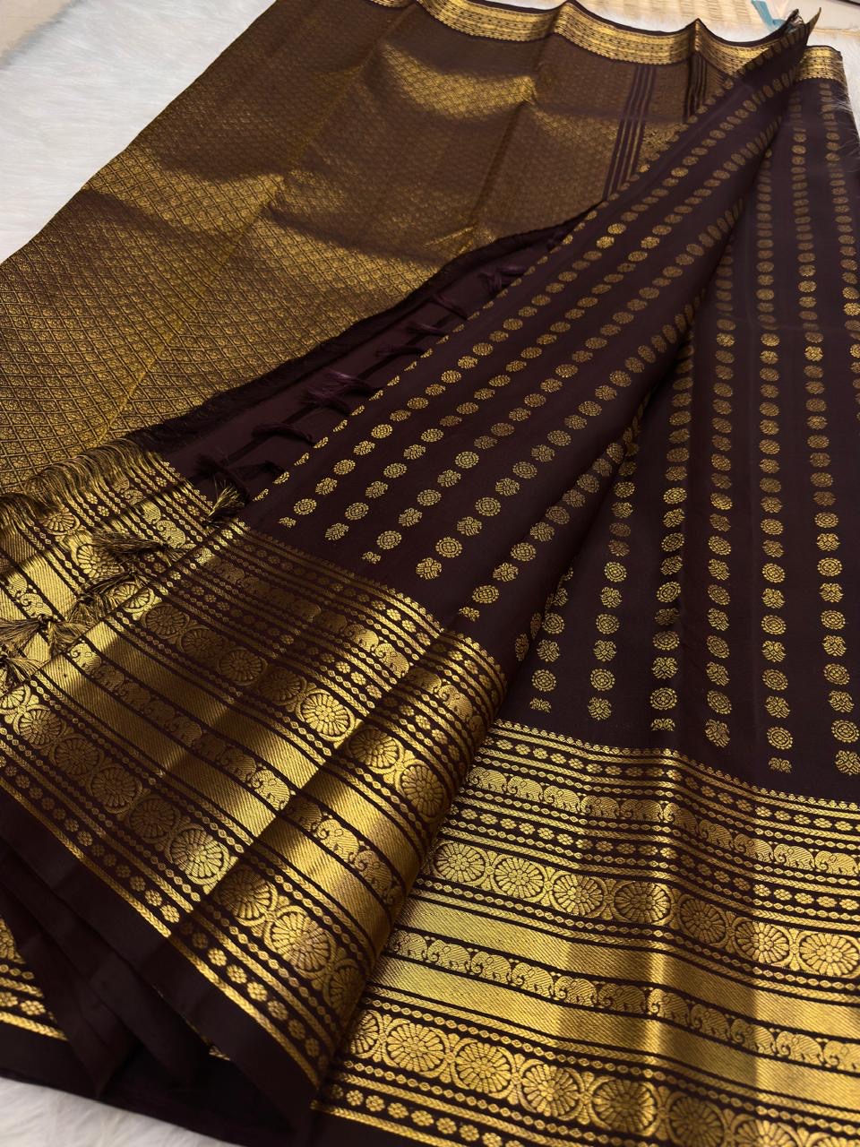 Deep Kaapi Brown and Antique Gold Kanchipuram silk saree with Varisaipet border, view 2: full body and border