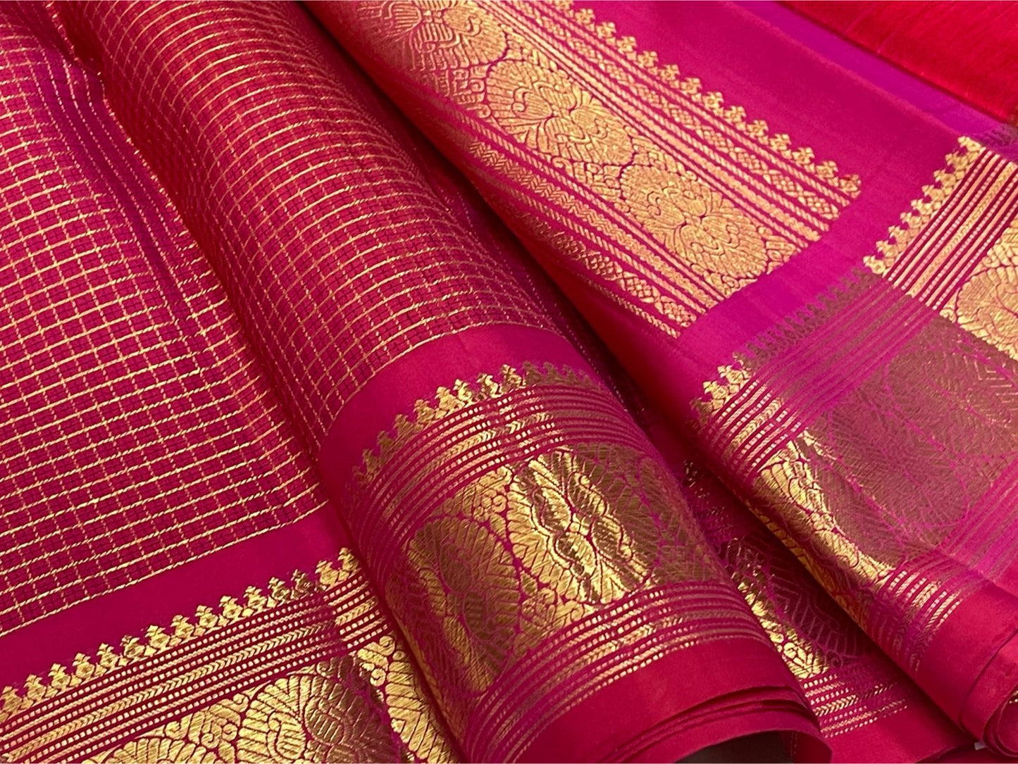 Radiant pink Kanchipuram silk saree with Zari Kattam weave and Pavun gold zari butta — Idam Living