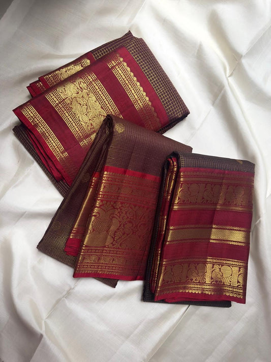 Deep Coffee Brown Pure Silk Kanchipuram Zari Kattam saree with Arakku Red Gandaberunda gold zari border.