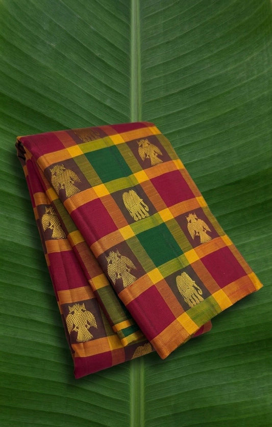 Gandaberunda Paalum Pazhamum checks Kanchipuram silk saree in jewel-toned woven checks with zari motifs