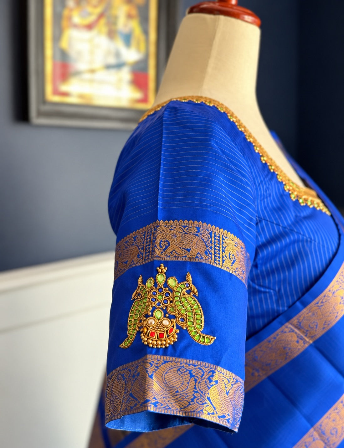 Gandaberunda two-headed eagle beaded embroidery on a pure silk blouse