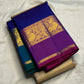 Royal blue Korvai border detail on gold beige KanchiPattu silk saree