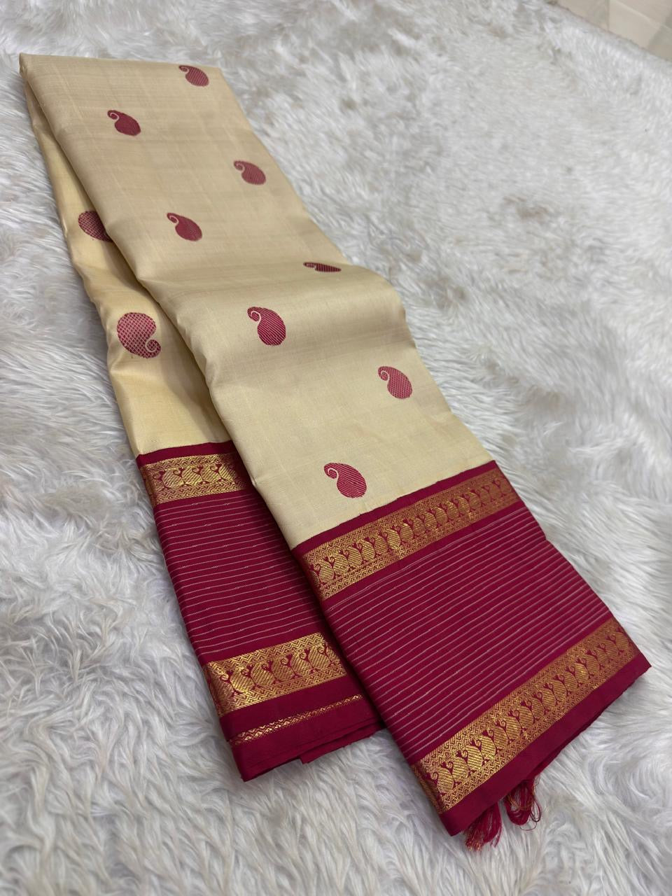 Gold beige KanchiPattu silk saree with maroon silk thread paisley butta and rani pink pallu — Idam Living