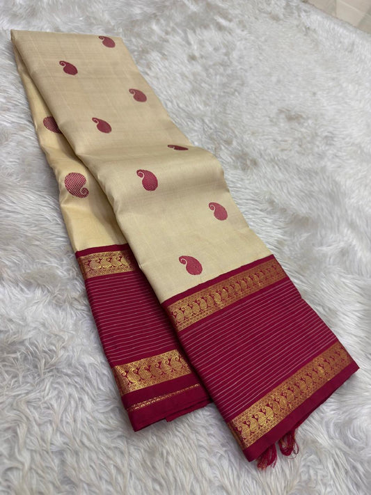 Gold beige KanchiPattu silk saree with maroon silk thread paisley butta and rani pink pallu — Idam Living