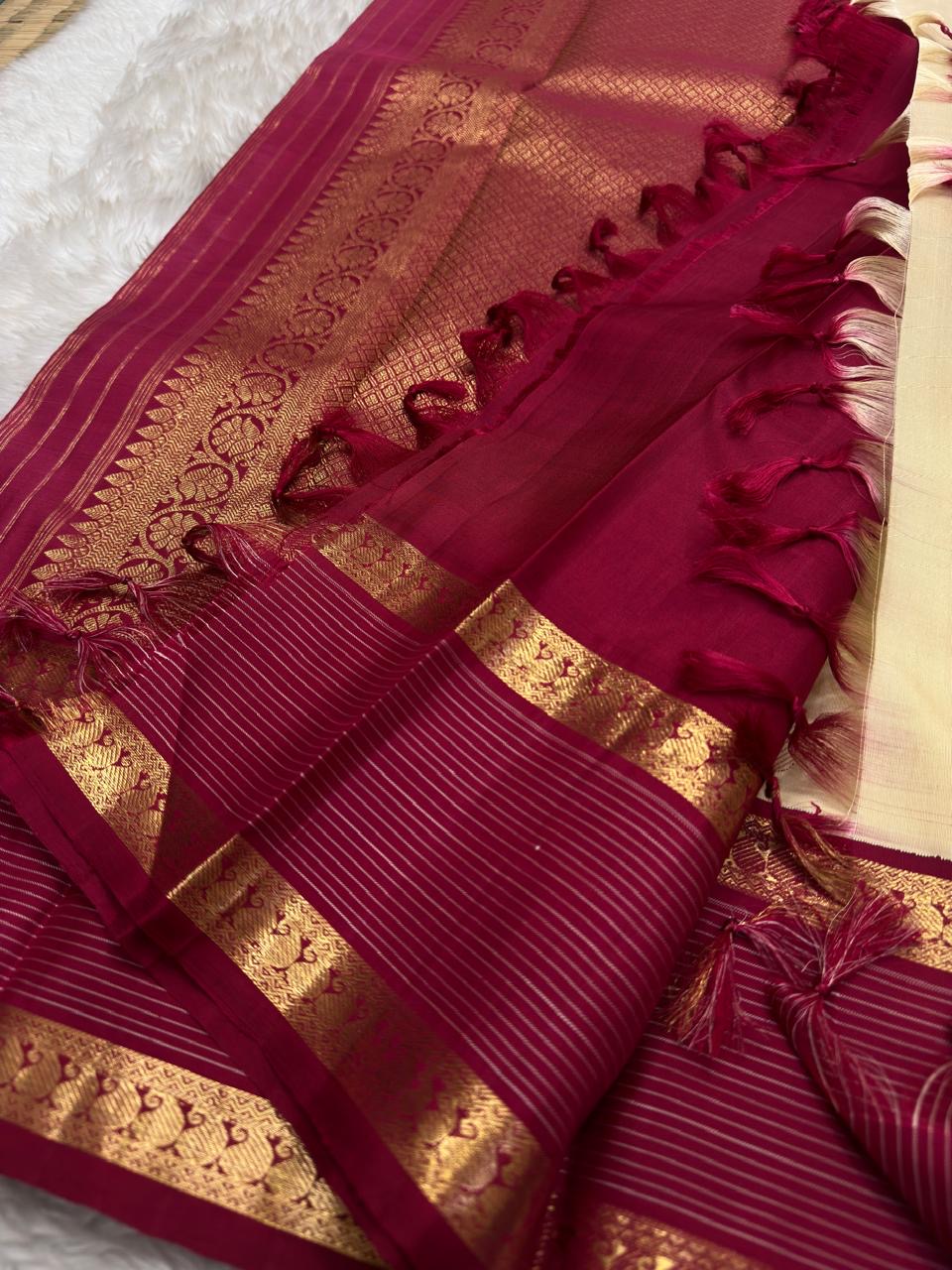 Grand pallu with gold zari floral detail on gold beige KanchiPattu silk saree