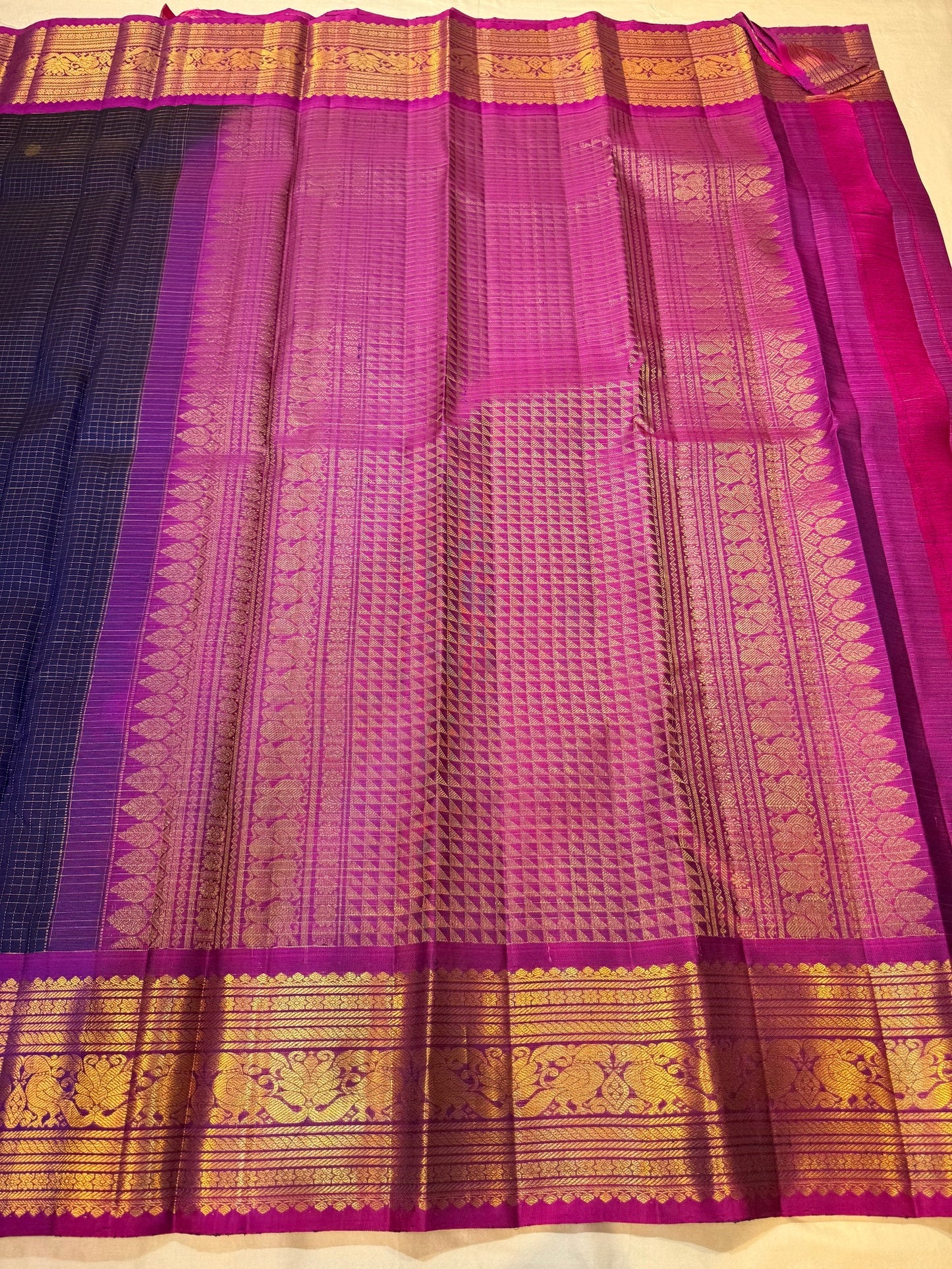 Royal Blue and Magenta Rettapet Kanchipuram Silk Saree with Kamalam and Mayil Butta