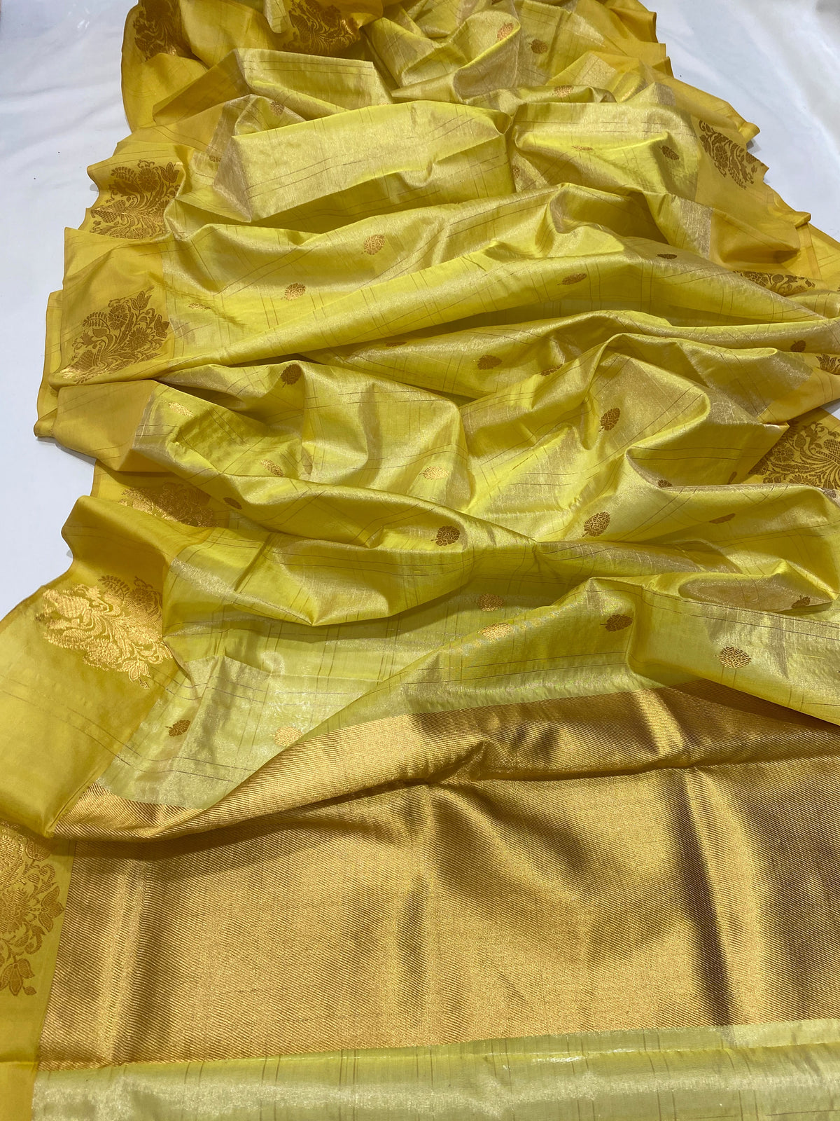 Turmeric Gold Chanderi silk saree pallu showing antique-gold woven field with fine geometric texture