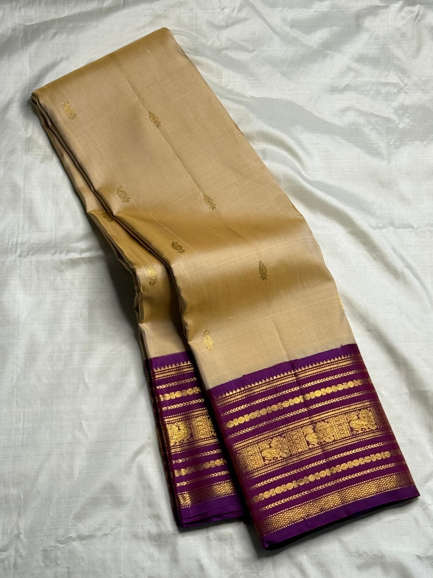 Gold and Purple Handwoven Pure Silk Kanchipuram Saree with Varisaipet Peacock Border