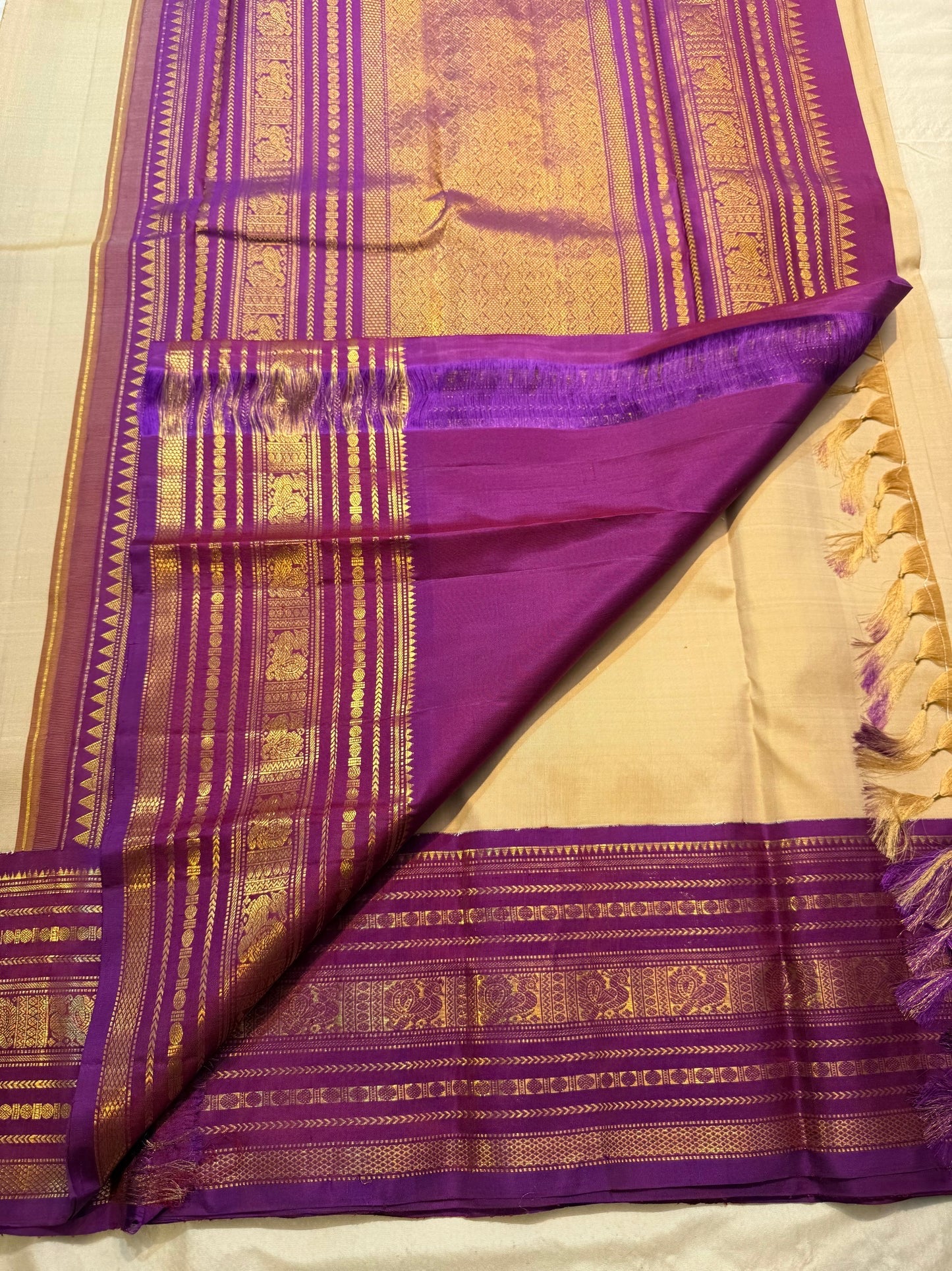 Gold and Purple Handwoven Pure Silk Kanchipuram Saree with Varisaipet Peacock Border