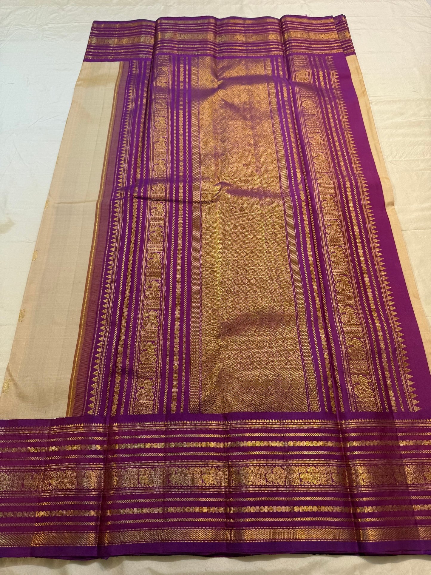Gold and Purple Handwoven Pure Silk Kanchipuram Saree with Varisaipet Peacock Border