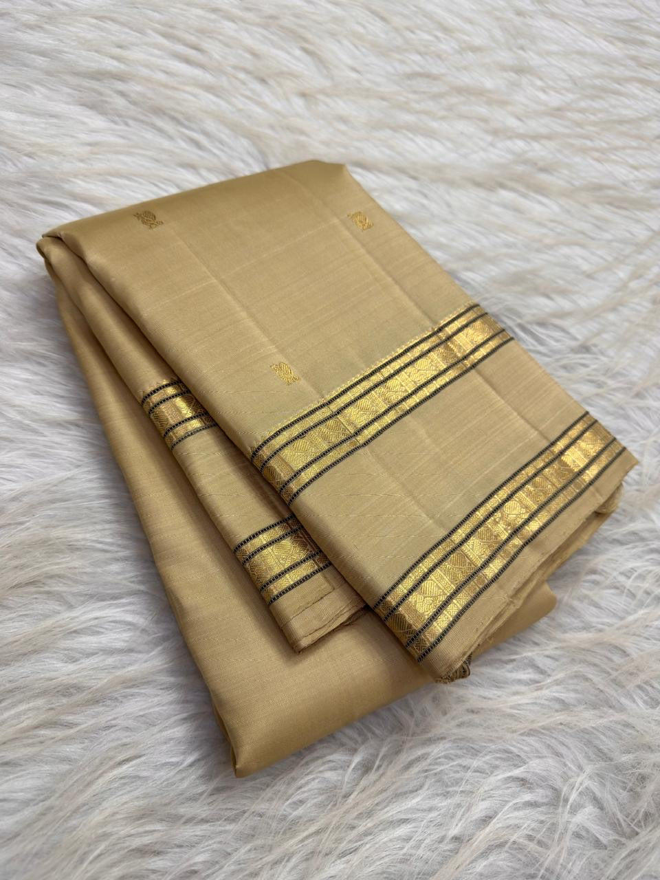 Ivory Gold Handwoven Pure Silk Kancheepuram Rettapet Saree with Dark-Edged Gold Zari Border