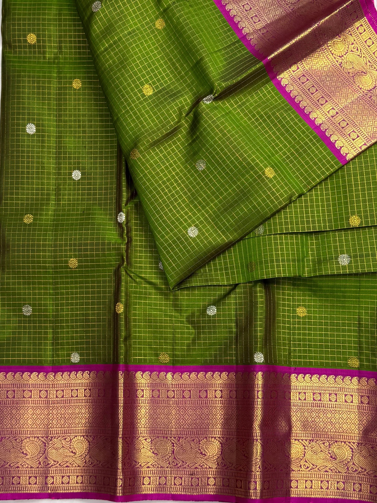 Gold and silver Sona Rupa mini buttas on green Zari Kattam checks