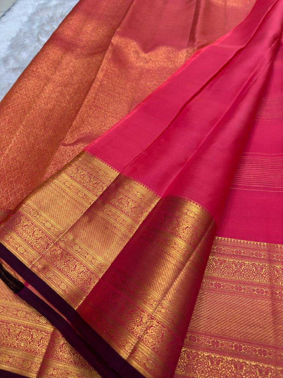 Raspberry Coral Handwoven Pure Silk Kancheepuram Saree with Zari Kattam Checks and Antique Gold Border