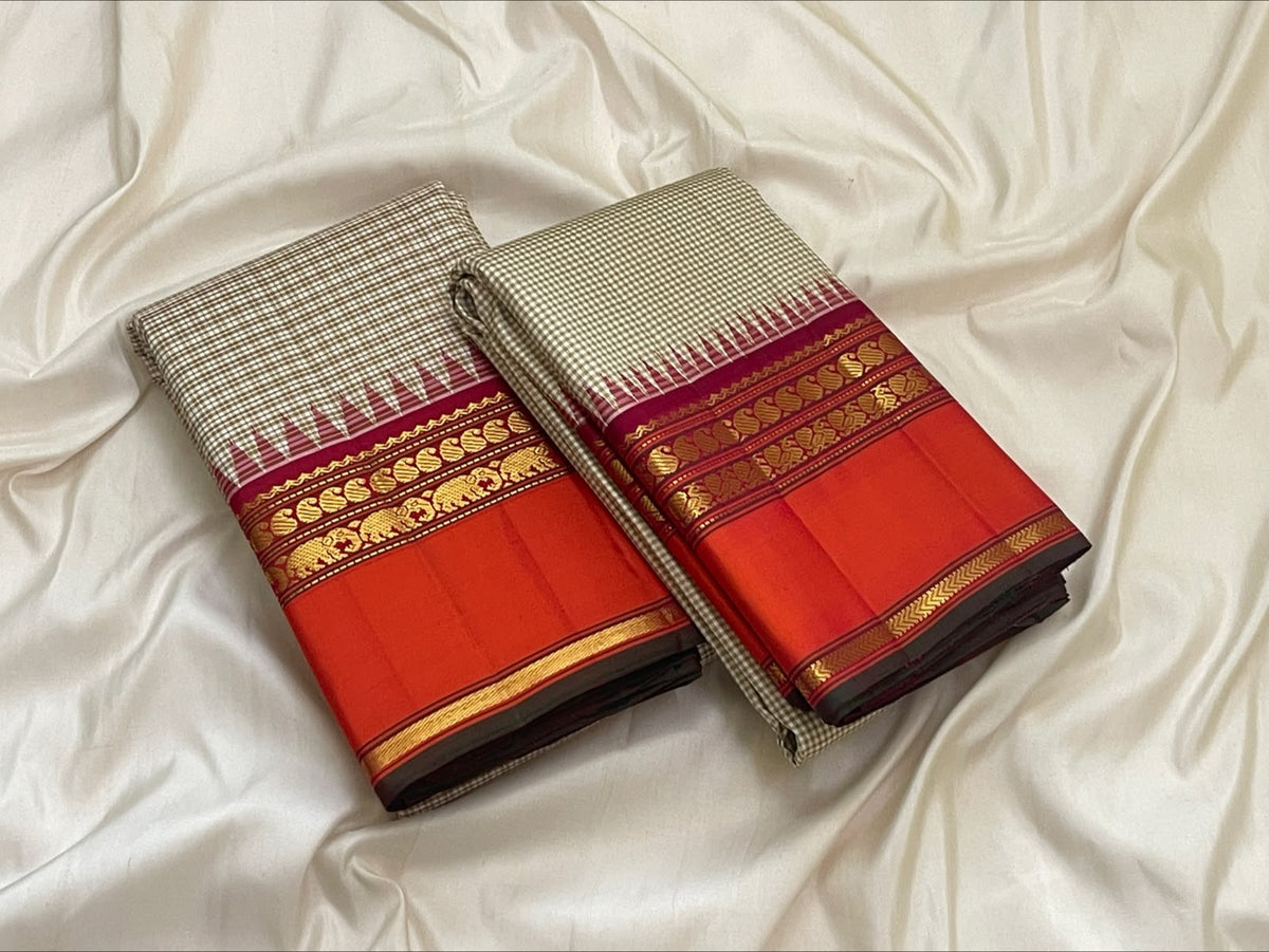 Orange Rettapet border with maanga pet, yaanai pet, vanki pet and muthuseer gold zari motifs on a biscuit beige Kanchipuram saree