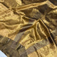Antique Gold Tissue Silk Chanderi saree with deep olive-green border and metallic woven motifs