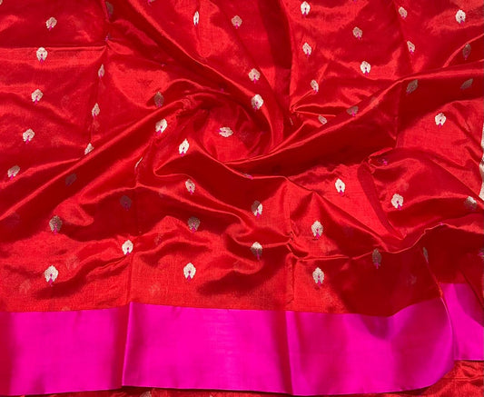 Red Chanderi silk saree with small scattered gold-toned woven accents