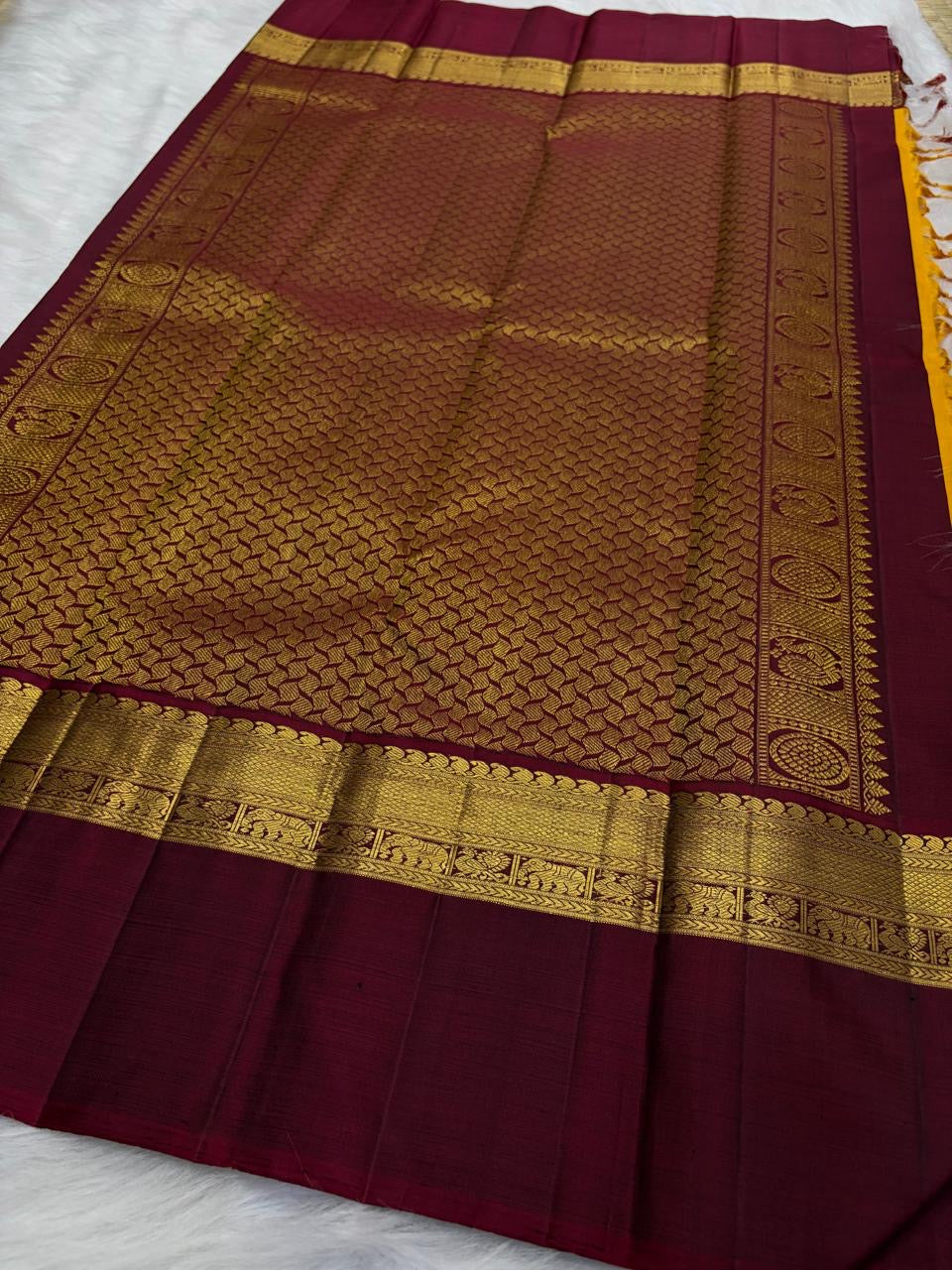 Mustard Yellow pure silk Kanchipuram saree — gold zari butta