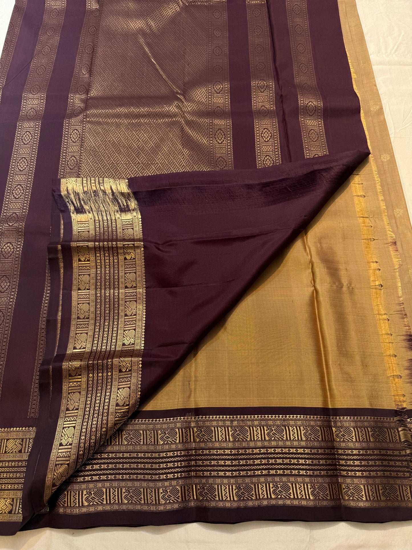 Handwoven antique gold and deep plum pure silk Kanchipuram saree with varisaipet zari border — Idam Living