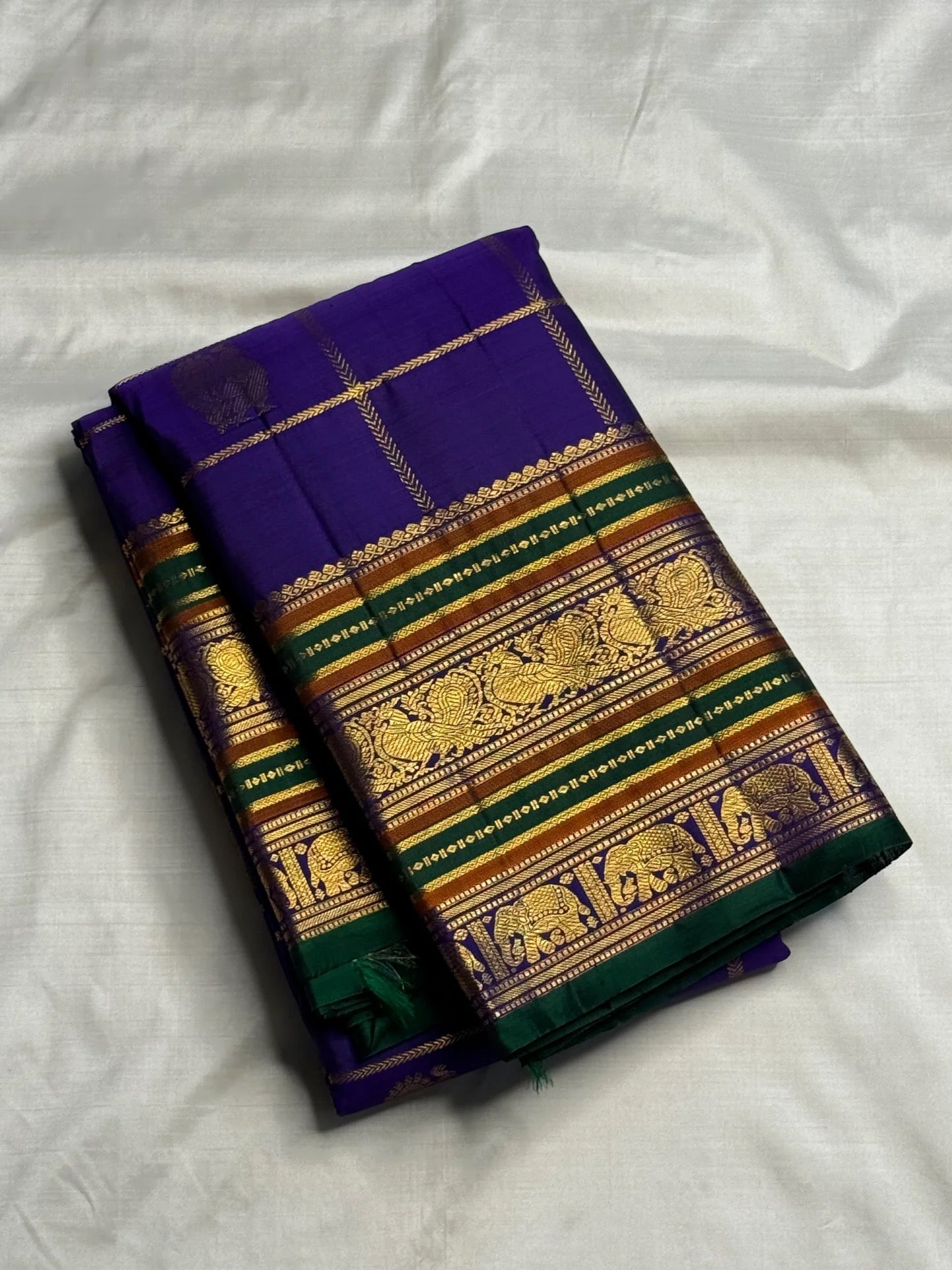 Royal Purple pure silk Kanchipuram saree — gold zari checks