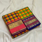 Full length display of pure Kanchipuram silk saree with vibrant multicolor checks and contrast purple border