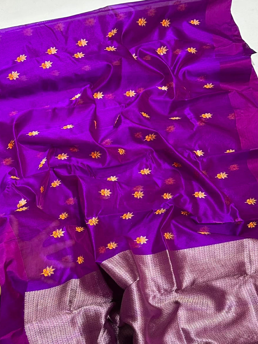 Orchid purple Chanderi Pattu Silk saree, alternate view of the saturated purple body with small saffron and ivory florals.