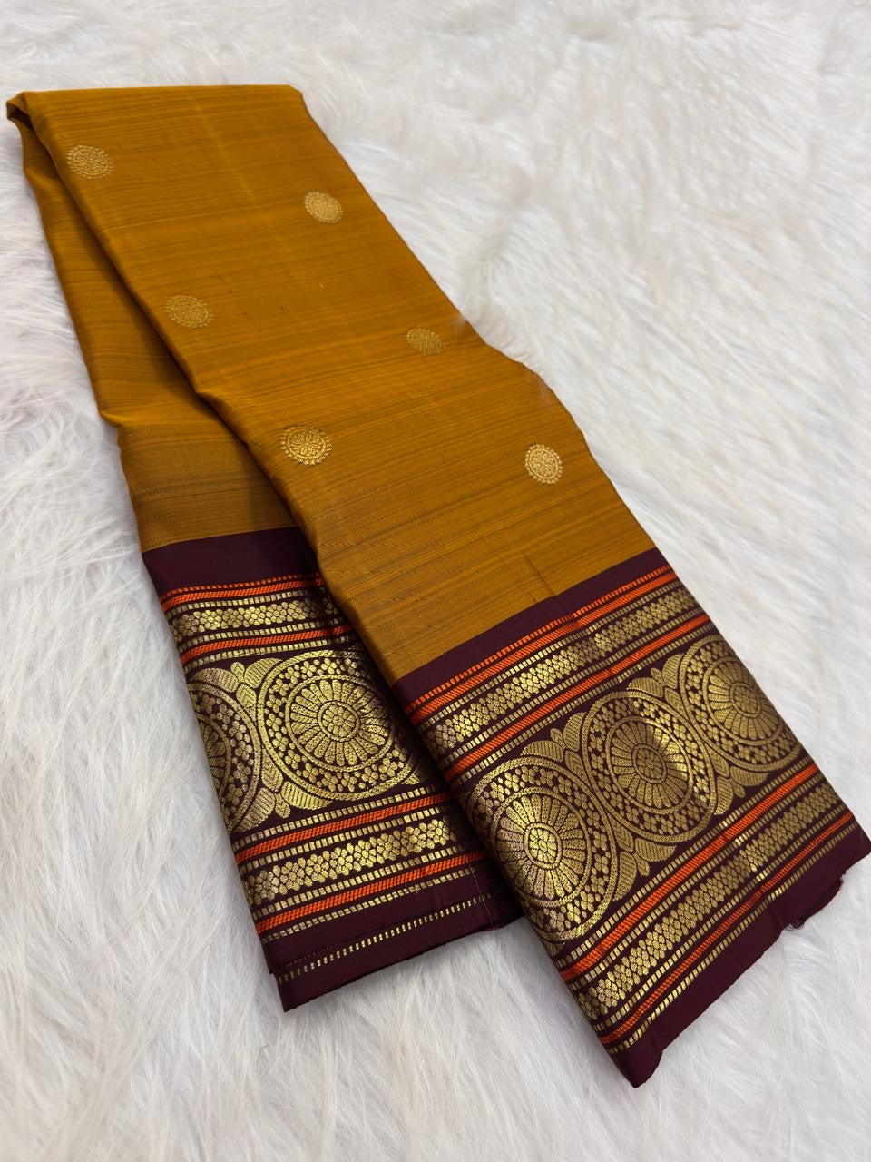 Golden Mustard Pure Silk Kanchi Pattu Saree — full saree overview, Butta weave with large medallion border — Idam Living