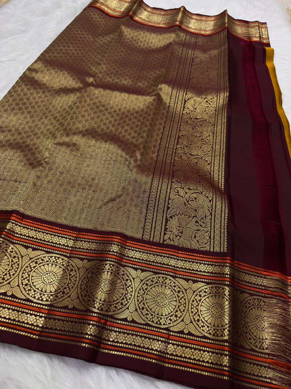 Golden Mustard Kanchi Pattu Saree — full drape, pure silk Kanchipuram handwoven — Idam Living