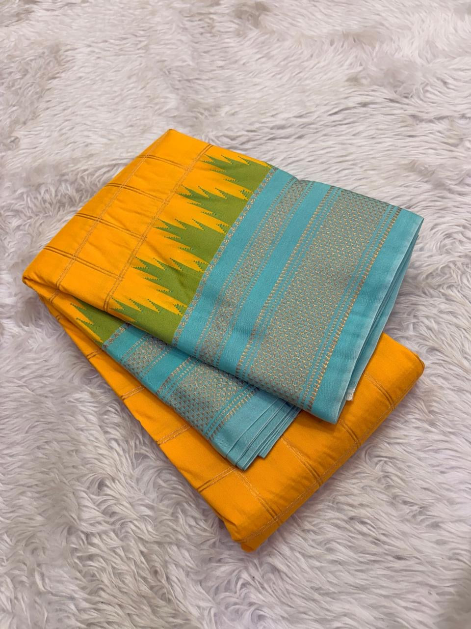 Golden Mustard Lightweight Pure Silk Kanchipuram Silk Thread Kattam Saree with Turquoise Blue Border