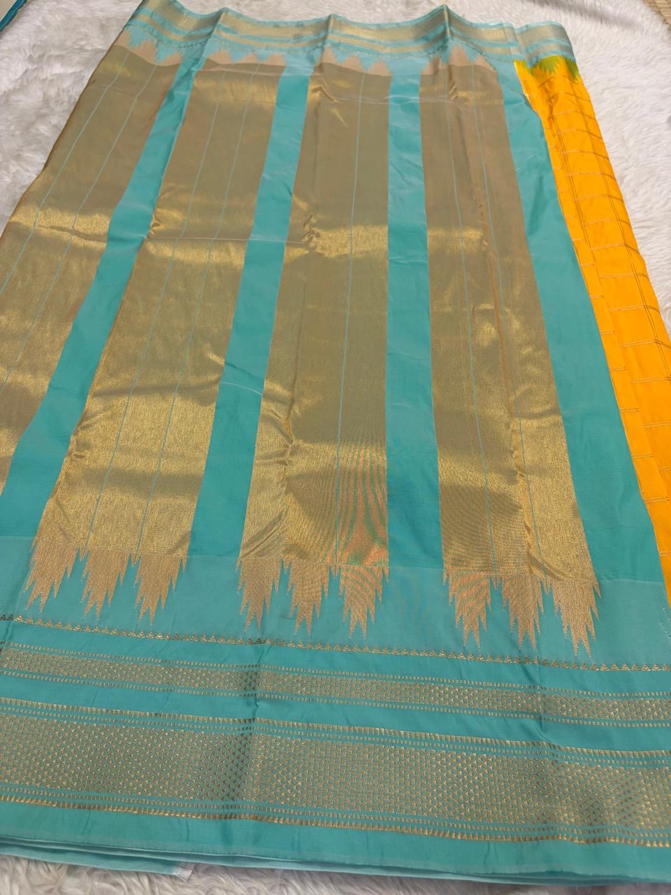 Golden Mustard Lightweight Pure Silk Kanchipuram Silk Thread Kattam Saree with Turquoise Blue Border