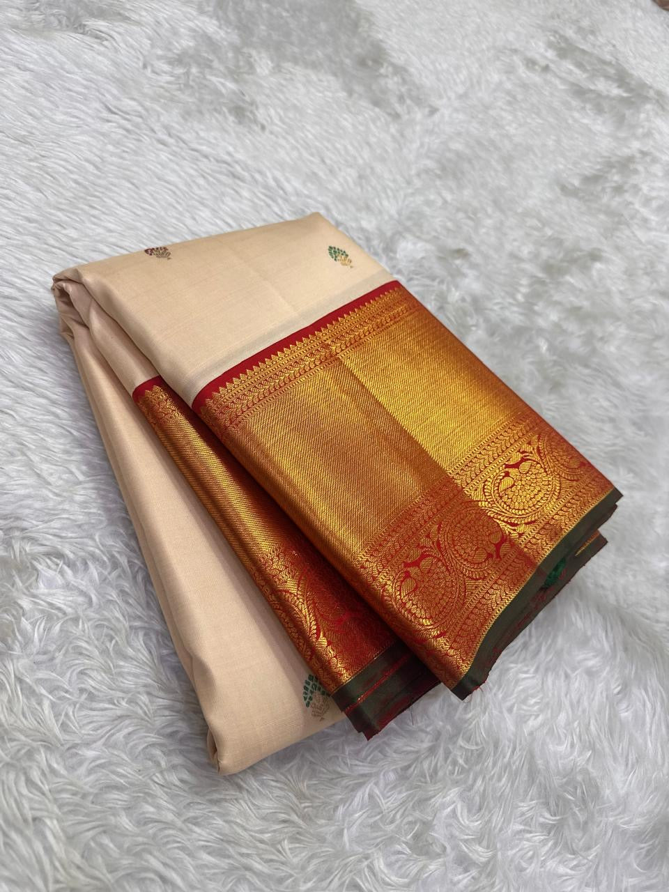 Golden sandal Kancheepuram saree with Korvai red border and Gandaberunda pallu — Idam Living