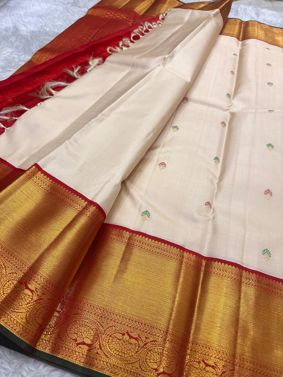 Golden sandal Kanjeevaram saree with Korvai red border and meena Kamalam butta — Idam Living