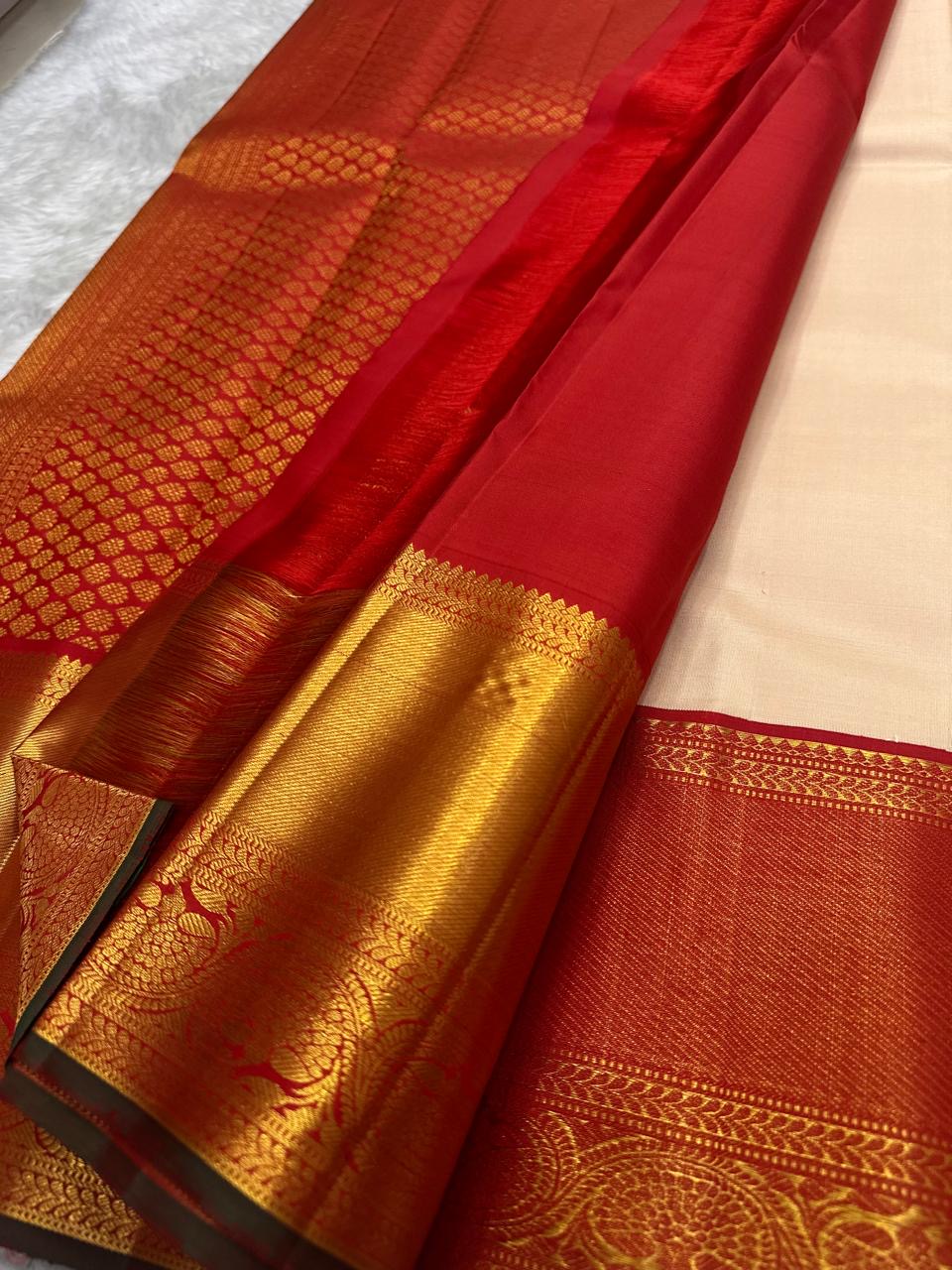 Golden sandal Kanjipuram pure silk saree with Korvai construction and meena Kamalam butta — Idam Living
