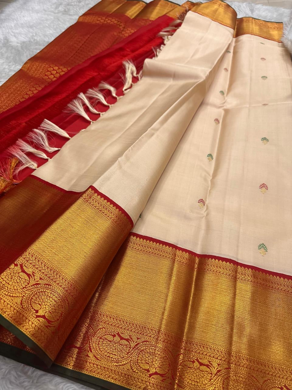 Golden sandal red Kanchipuram silk saree with Korvai construction and multicolour meena Kamalam butta — Idam Living