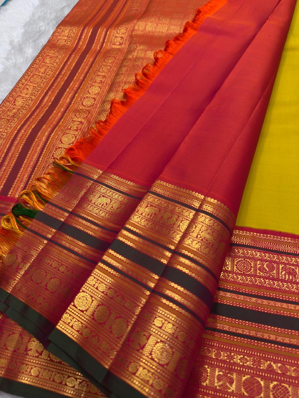 Turmeric Gold Kanjivaram silk saree pallu with dense zari work
