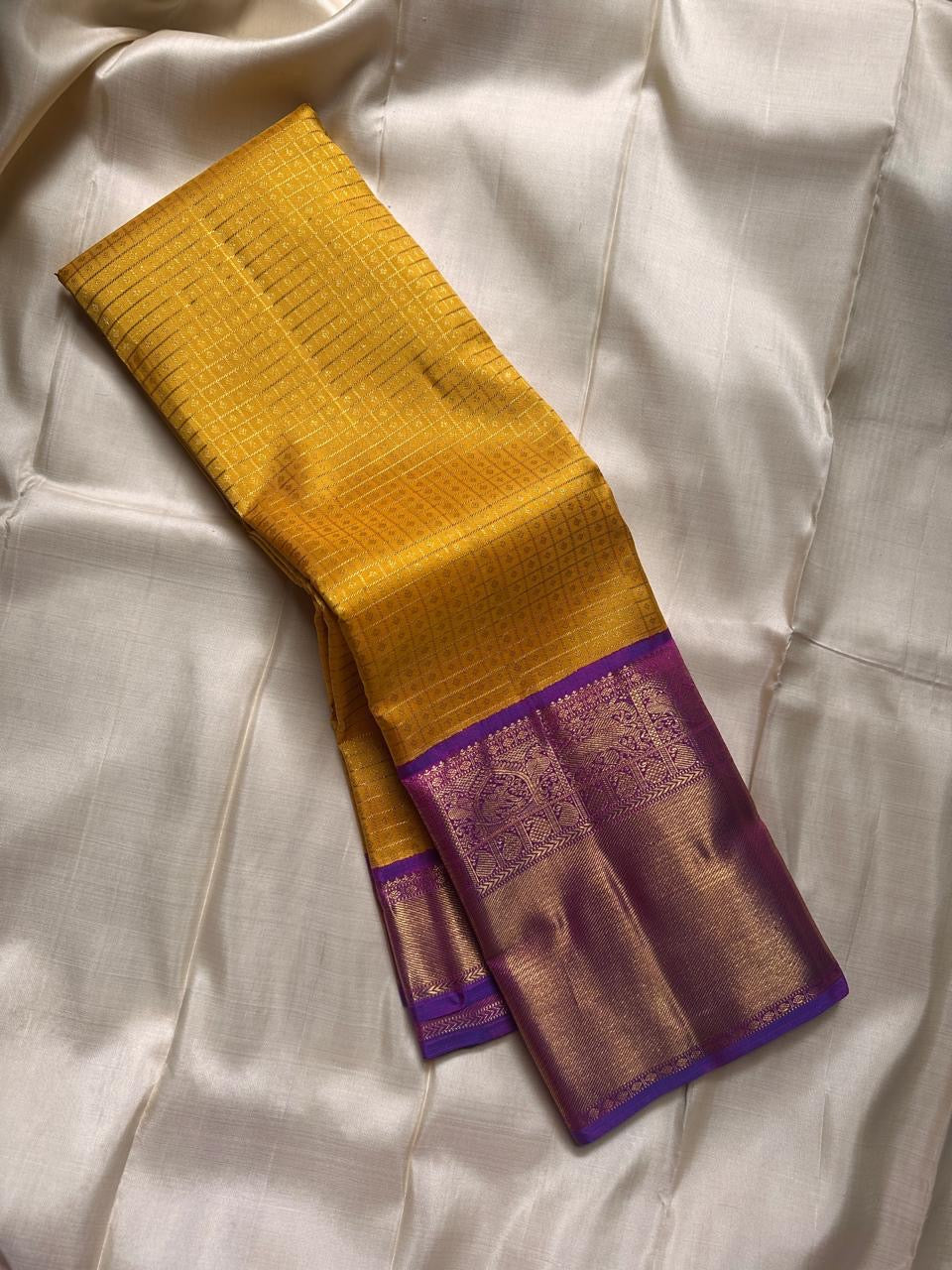 Golden Turmeric Yellow Pure Silk Kancheepuram Saree — full saree overview, Korvai weave with elephant border — Idam Living