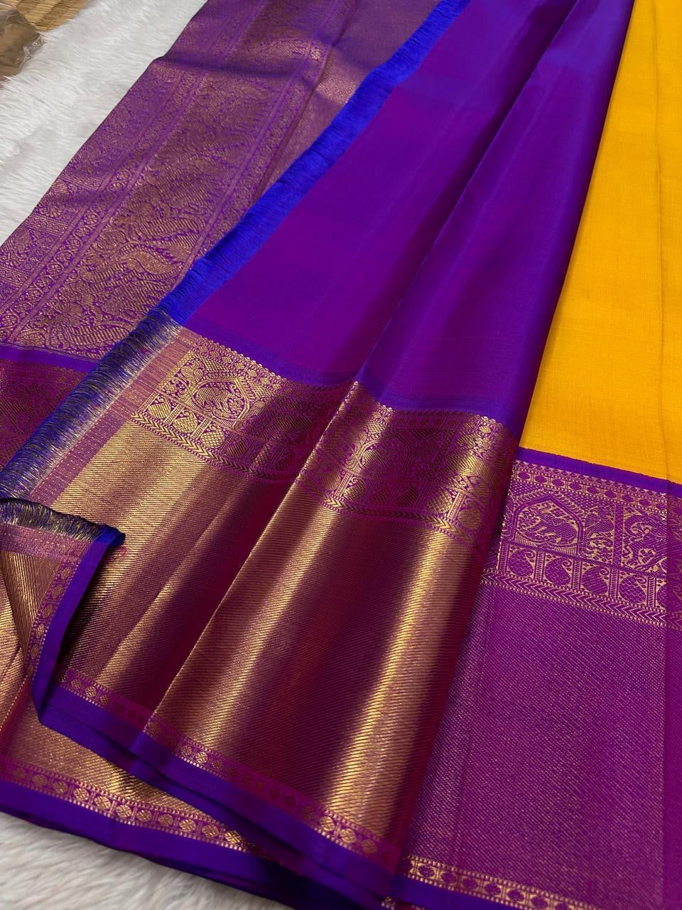 Golden Turmeric Yellow Kancheepuram Saree — body close-up showing subtle zari check